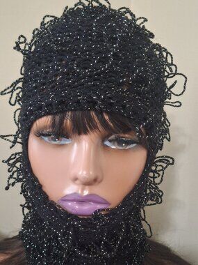 Handmade Black Textured Knit Balaclava Hood Acrylic Blend